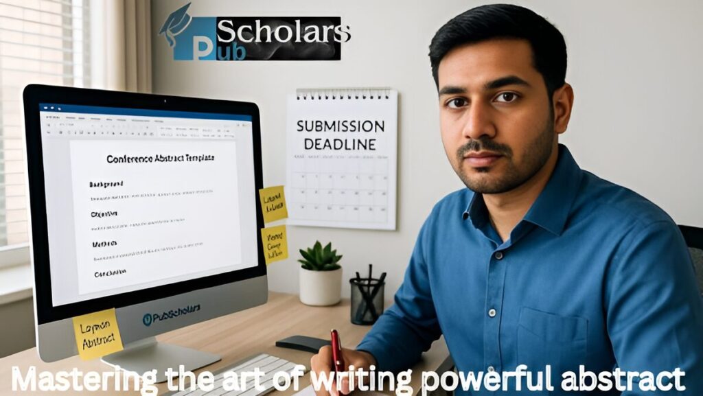 A focused young academic researcher sitting at a desk with a “Conference Abstract Template” open on a desktop screen. Sticky notes on the monitor read “Layman Abstract” and “Word Count Limit.” A calendar on the wall shows “Submission Deadline.” The logo of PubScholars is visible on the monitor, and the tagline “Mastering the art of writing powerful abstract” appears at the bottom. The workspace is modern and well-lit, reflecting academic dedication and preparation.