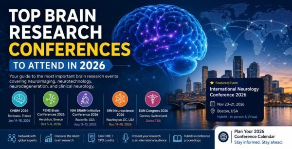 Featured banner for Top Brain Research Conferences 2026 highlighting OHBM, FENS, NIH BRAIN Initiative, SfN and PubScholars