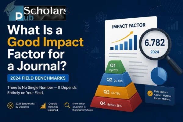 journal impact factor guide with Q1–Q4 rankings, citation benchmarks, and academic publishing metrics infographic.
