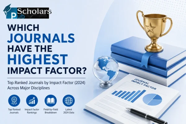 Top-ranked journals by impact factor 2024 infographic featuring academic books, trophy, charts.