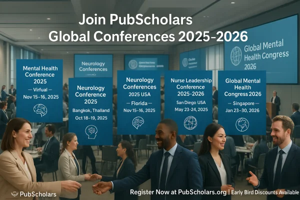 PubScholars Global Conferences 2025–2026 showing a professional conference hall with diverse attendees networking and shaking hands. Large central heading reads ‘Join PubScholars Global Conferences 2025–2026’. Five event panels list upcoming conferences: Mental Health Conference 2025 (Virtual, Nov 15–16, 2025), Neurology Conference 2025 (Bangkok, Thailand, Oct 18–19, 2025), Neurology Conferences 2025 USA (Florida, Nov 15–16, 2025), Nurse Leadership Conference 2025–2026 (San Diego, USA, May 23–24, 2026), and Global Mental Health Congress 2026 (Singapore, Jan 29–30, 2026). Each panel features relevant icons. PubScholars logo and tagline appear at the bottom with a registration .