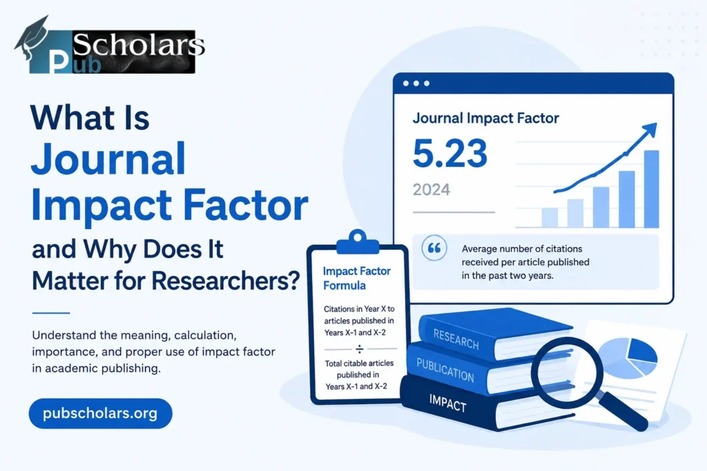 Academic infographic explaining journal impact factor with citation metrics, ranking charts, research books, and publication data visuals.