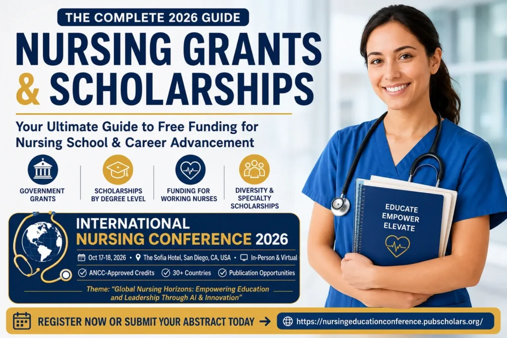 Nursing Grants & Scholarships 2026 banner featuring a nurse, funding guide, and International Nursing Conference 2026 details.