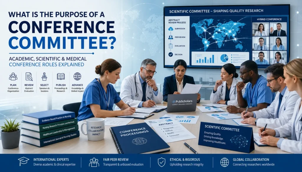 Purpose of academic conference committee discussing abstract review, peer evaluation, and global medical research collaboration at a hybrid nursing conference.