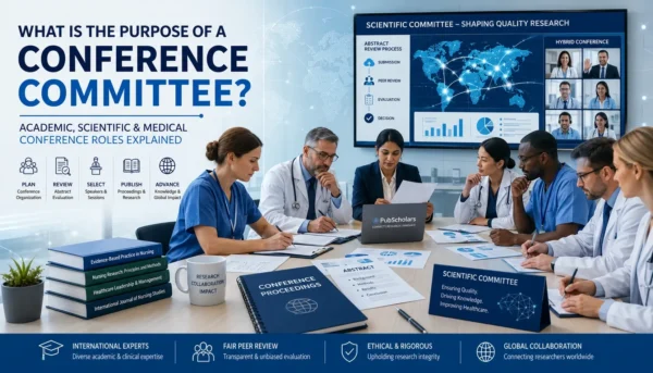 Purpose of academic conference committee discussing abstract review, peer evaluation, and global medical research collaboration at a hybrid nursing conference.