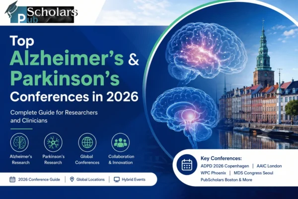 Top Alzheimer’s and Parkinson’s Conferences 2026 guide featuring brain research visuals, Copenhagen skyline, and global neurology events.
