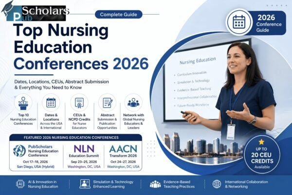 Nurse educator presenting at Top Nursing Education Conferences 2026 featuring CEUs, AI in nursing education, and USA faculty events.