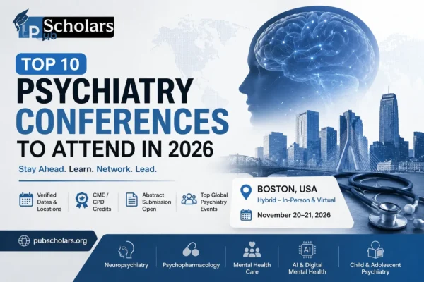 Top Psychiatry Conferences 2026 by PubScholars showing AI brain, Boston skyline, CME psychiatry events and mental health conference theme