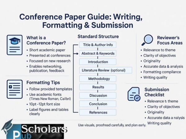 Conference Paper Guide: Writing, Formatting & Submission' with a clean academic design in blue, gray, and white tones. The infographic is divided into five sections with icons: (1) What is a Conference Paper?—explains purpose and benefits; (2) Standard Structure—shows the typical flow of sections in a conference paper from Title to References; (3) Formatting Tips—lists font and formatting guidelines; (4) Submission Checklist—details step-by-step submission tasks; (5) Reviewer’s Focus Areas—outlines evaluation criteria like originality and writing quality.