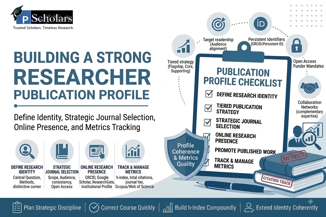 An infographic illustration outlining the key steps to building a strong researcher publication profile, including defining research identity, strategy, online presence, and tracking metrics.