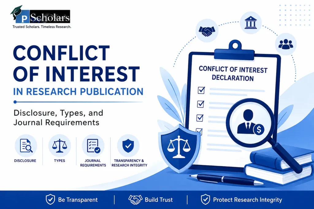 Conflict of interest in research publication, covering disclosure, types, journal requirements, transparency, and research integrity.