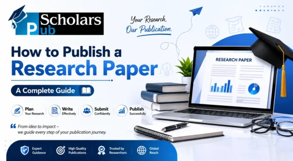 How to publish a research paper guide with PubScholars branding, research paper, laptop, books and academic publishing workflow