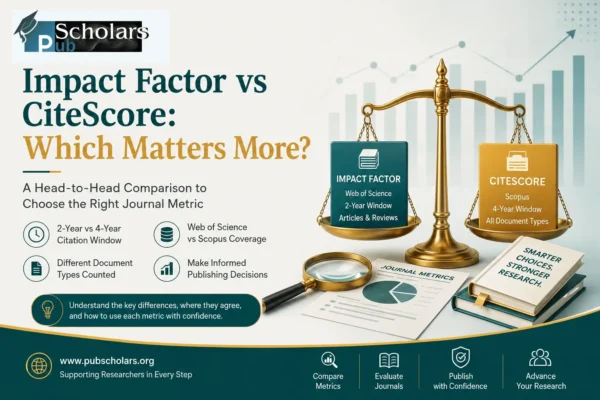 Impact Factor vs CiteScore comparison showing citation windows, database coverage, journal metrics, and publishing decisions.