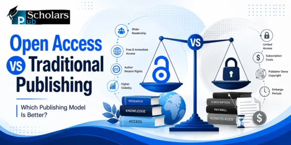 Infographic comparing open access vs traditional publishing, highlighting costs, access, copyright, and visibility.