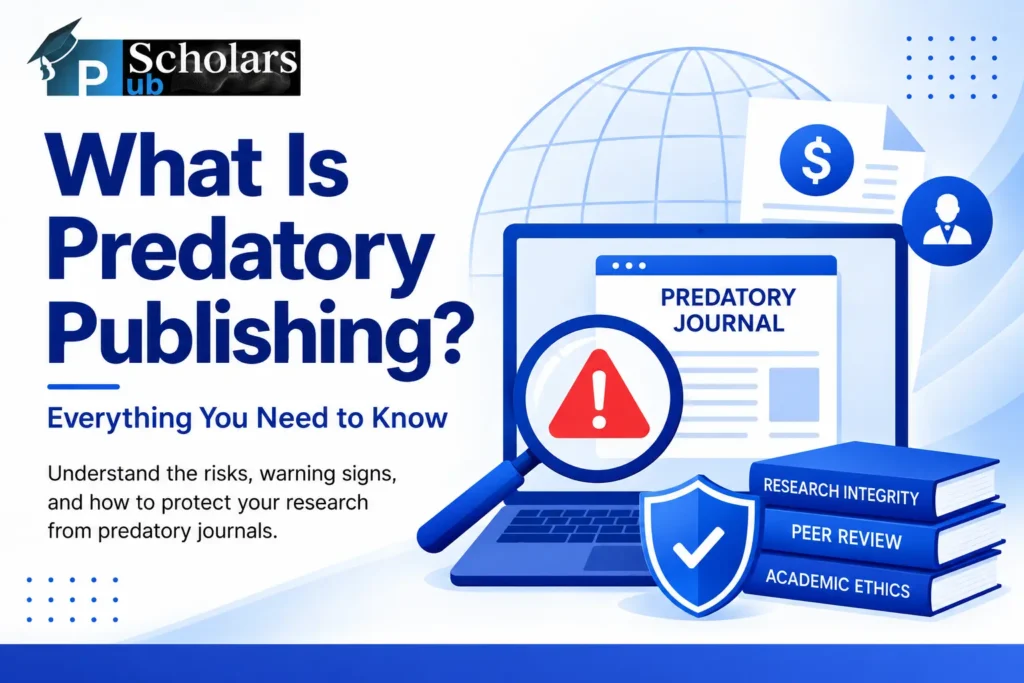 Predatory publishing guide explaining warning signs, journal scams, peer review, research integrity, and ethical publishing practices.