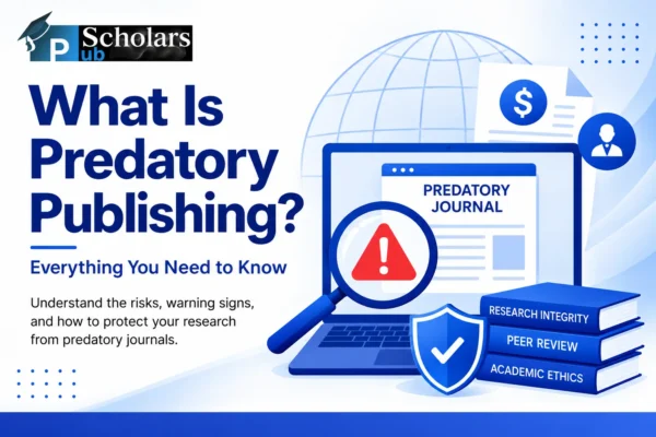 Predatory publishing guide explaining warning signs, journal scams, peer review, research integrity, and ethical publishing practices.