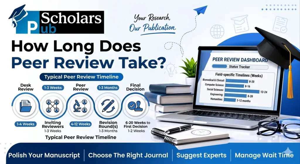 Academic peer review process chart showing desk review, reviewer evaluation, revisions, and final publication decision.