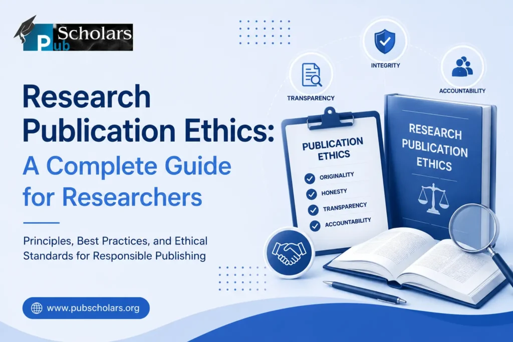 Research Publication Ethics guide feature image with publication checklist, ethics handbook, integrity icons, and Pub Scholars branding.