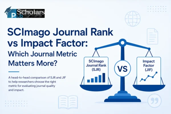 Feature image comparing SCImago Journal Rank (SJR) vs Impact Factor (JIF) with balance scale for journal metrics.