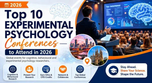Top experimental psychology conferences 2026 banner featuring cognitive research, AI brain visuals, global events, CEUs and speakers.