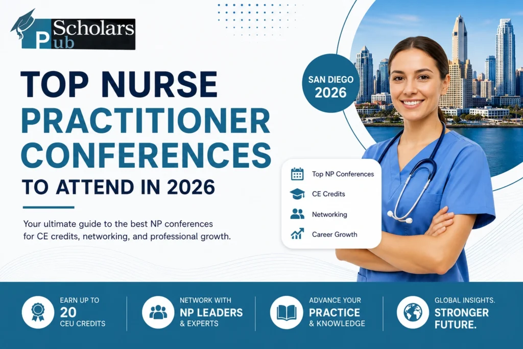 Top Nurse Practitioner Conferences 2026 featuring CE credits, networking, career growth, and hybrid healthcare events by PubScholars.