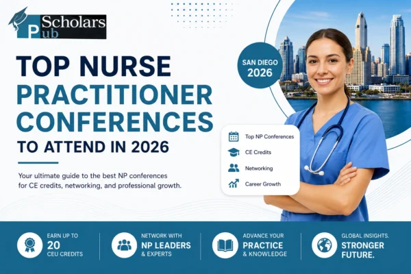 Top Nurse Practitioner Conferences 2026 featuring CE credits, networking, career growth, and hybrid healthcare events by PubScholars.