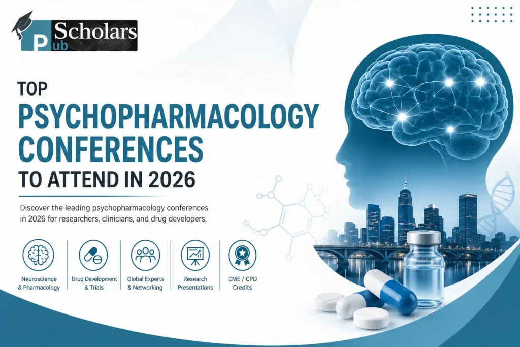 Top Psychopharmacology Conferences 2026 feature image showing AI-driven psychiatry, neuroscience research, drug development and global events.
