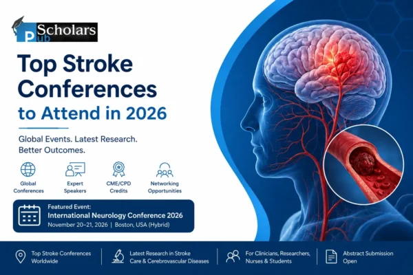 Top Stroke Conferences 2026 showing brain stroke visualization, global neurology events, CME credits and research.