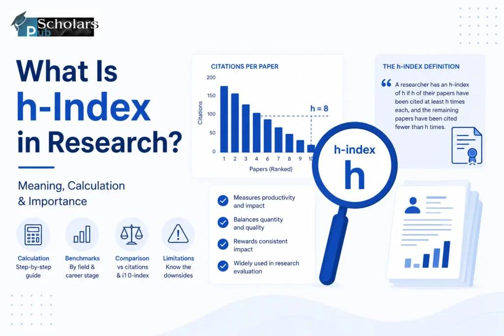 Infographic explaining h-index in research, including calculation steps, benchmarks, citation impact, and limitations.